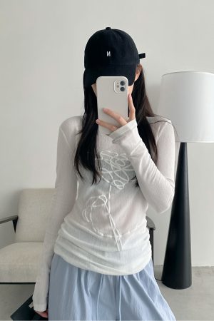 Sheer Long-Sleeve T-Shirt for Women, 3D Foam Printed Sun Grapefruit Design, Summer Versatile Slim-Fit Sun Protection Top