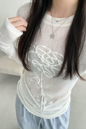 Sheer Long-Sleeve T-Shirt for Women, 3D Foam Printed Sun Grapefruit Design, Summer Versatile Slim-Fit Sun Protection Top