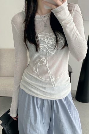 Sheer Long-Sleeve T-Shirt for Women, 3D Foam Printed Sun Grapefruit Design, Summer Versatile Slim-Fit Sun Protection Top