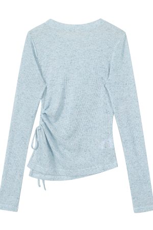 Sheer Round Neck Long Sleeve Knitted Top for Women - Irregular Pleated Sun Protection Air Conditioning Cover-Up Blouse