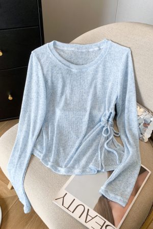Sheer Round Neck Long Sleeve Knitted Top for Women - Irregular Pleated Sun Protection Air Conditioning Cover-Up Blouse