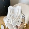 Sheer Round Neck Long Sleeve Knitted Top for Women - Irregular Pleated Sun Protection Air Conditioning Cover-Up Blouse