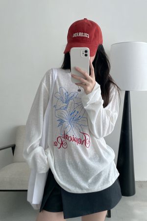 Sheer Sun Grapefruit T-Shirt Cover-Up - Spring Summer Loose Long Sleeve Lily Print Sun Protection Top for Women in Korean Style