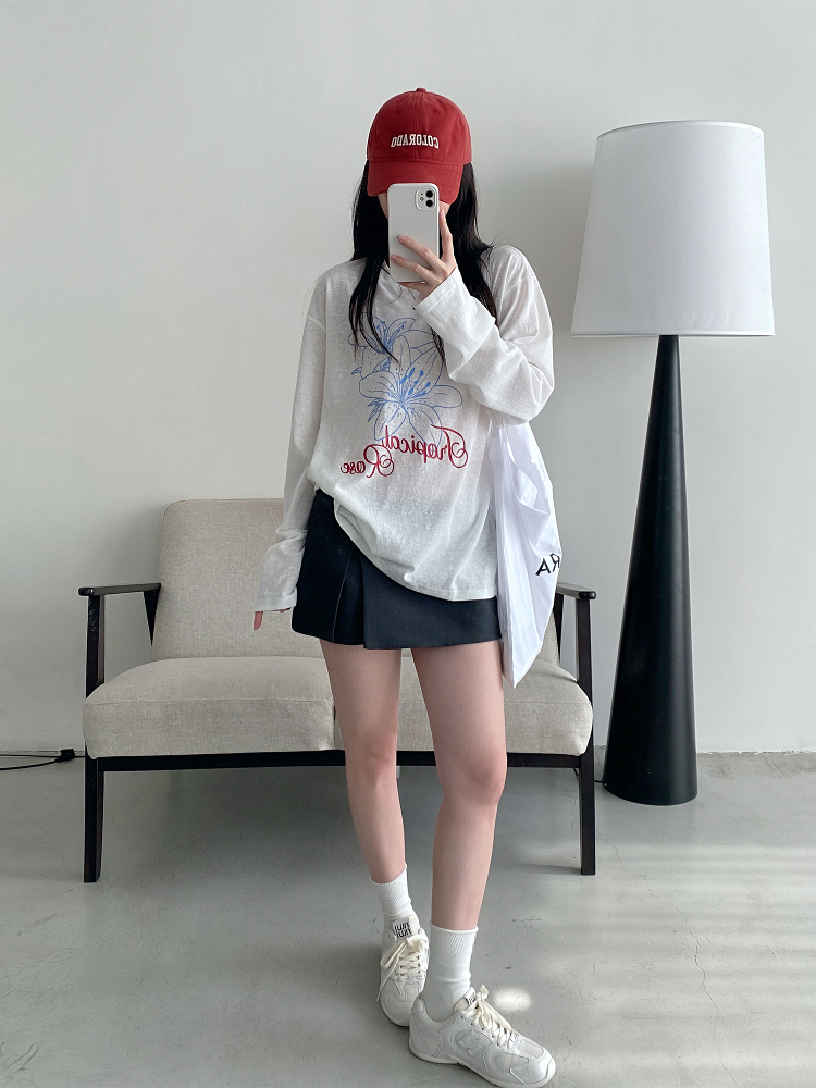 Sheer Sun Grapefruit T-Shirt Cover-Up - Spring Summer Loose Long Sleeve Lily Print Sun Protection Top for Women in Korean Style Sheer Sun Grapefruit T-Shirt Cover-Up - Spring Summer Loose Long Sleeve Lily Print Sun Protection Top for Women in Korean Style