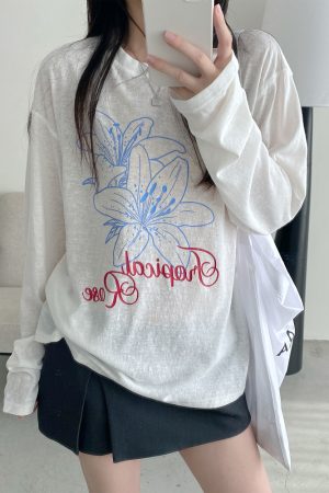 Sheer Sun Grapefruit T-Shirt Cover-Up - Spring Summer Loose Long Sleeve Lily Print Sun Protection Top for Women in Korean Style