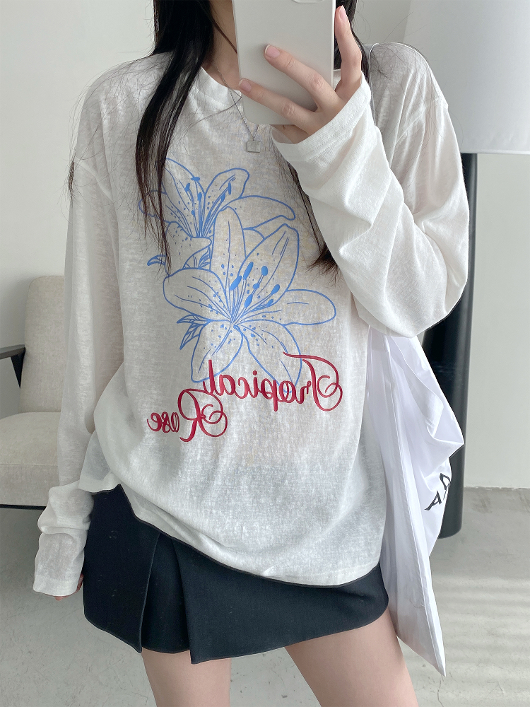 Sheer Sun Grapefruit T-Shirt Cover-Up - Spring Summer Loose Long Sleeve Lily Print Sun Protection Top for Women in Korean Style Sheer Sun Grapefruit T-Shirt Cover-Up - Spring Summer Loose Long Sleeve Lily Print Sun Protection Top for Women in Korean Style