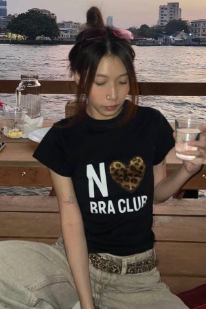 Short Sleeve Leopard Print Heart T-Shirt for Women - Slim Fit, High Stretch, Pure Cotton, Korean Style, 25SS Fashion