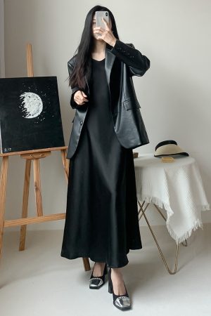 Silk Satin A-Line Slip Dress with Diagonal Cut and Flowing Thin Straps â€“ Elegant Long Black Dress for Effortless Style