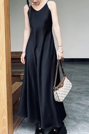 Silk Satin A-Line Slip Dress with Diagonal Cut and Flowing Thin Straps â€“ Elegant Long Black Dress for Effortless Style