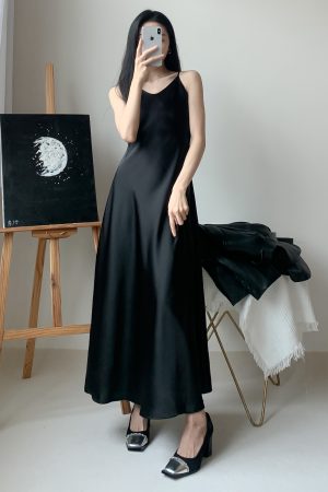 Silk Satin A-Line Slip Dress with Diagonal Cut and Flowing Thin Straps â€“ Elegant Long Black Dress for Effortless Style