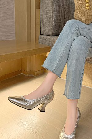 Silver Chunky Heel Grandma Shoes for Women - Age-Defying Small Square-Toe Soft-Soled Footwear in Trendy Retro Style