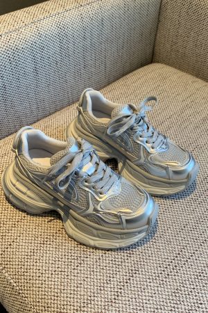 Silver Dad Shoes for Women - 2025 Spring Thick-Soled Height-Increasing Mesh Casual Sneakers, Trendy Y2K Athleisure Footwear