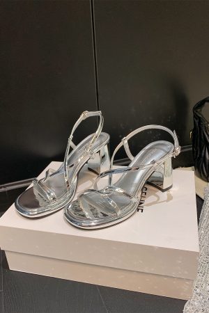 Silver High-Heeled Sheepskin Sandals for Women - Cross Strap Chunky Heels, Elegant Fairy Style for Summer