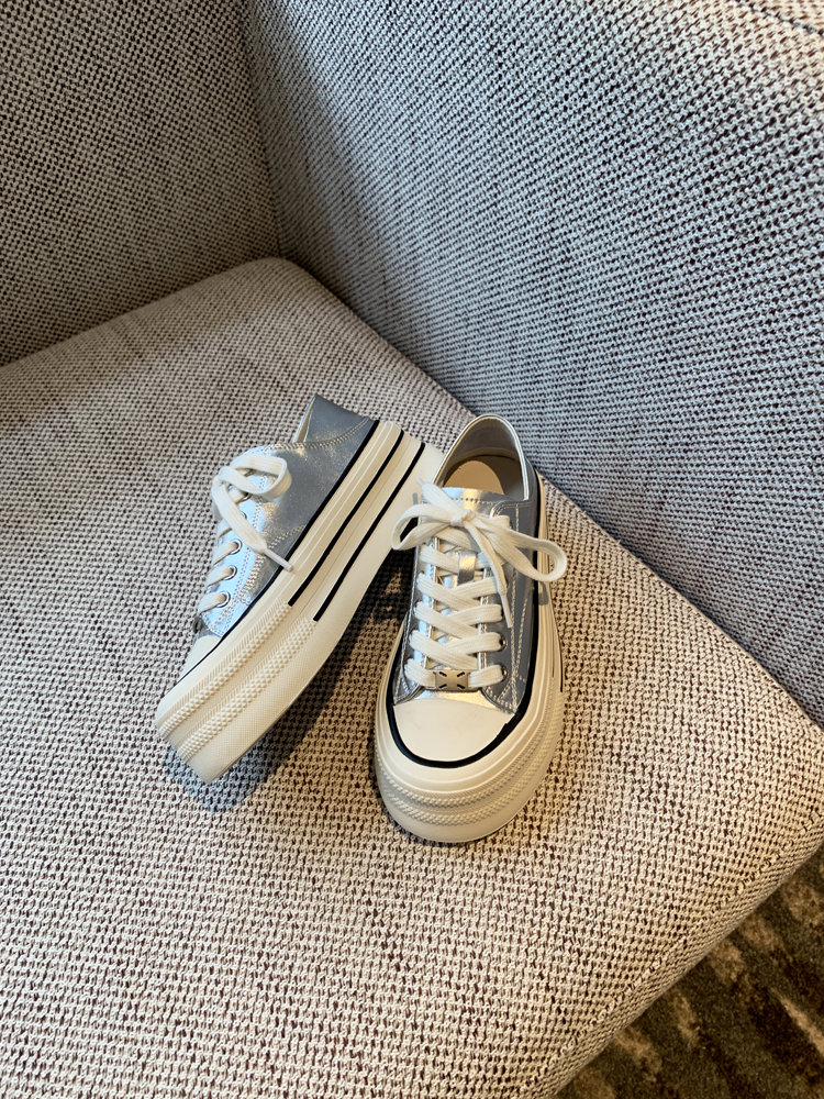 Silver Lace-Up Sneakers for Women - 2025 New Style Genuine Leather Thick-Soled Height-Increasing Casual Sports Shoes Silver Lace-Up Sneakers for Women - 2025 New Style Genuine Leather Thick-Soled Height-Increasing Casual Sports Shoes