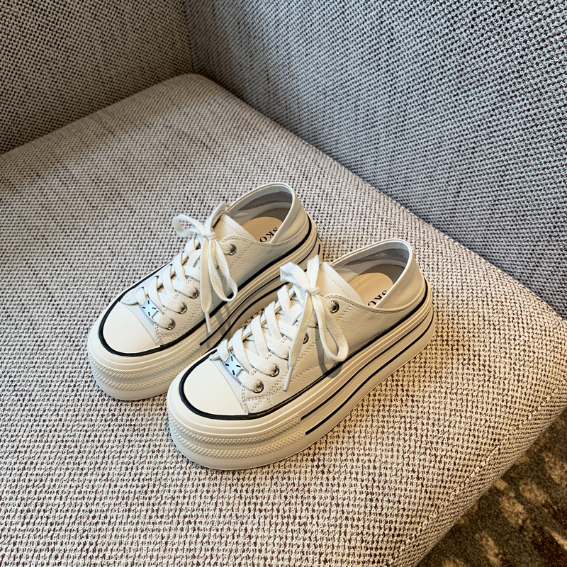 Silver Lace-Up Sneakers for Women - 2025 New Style Genuine Leather Thick-Soled Height-Increasing Casual Sports Shoes Silver Lace-Up Sneakers for Women - 2025 New Style Genuine Leather Thick-Soled Height-Increasing Casual Sports Shoes