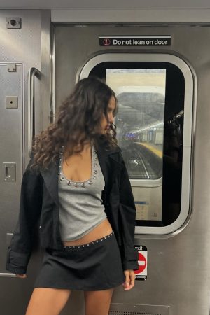 Silver Ring Eyelet Gray Vest with Black Skirt Pants â€“ Stylish Girl Outfit, Y2K Fashion, Trendy Layered Look