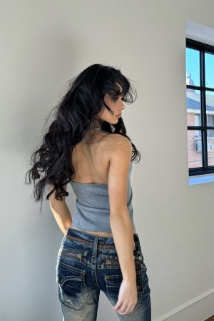 Silver Ring Eyelet Gray Vest with Black Skirt Pants â€“ Stylish Girl Outfit, Y2K Fashion, Trendy Layered Look