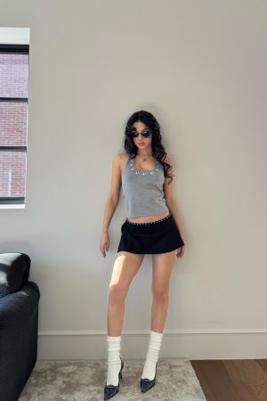 Silver Ring Eyelet Gray Vest with Black Skirt Pants â€“ Stylish Girl Outfit, Y2K Fashion, Trendy Layered Look