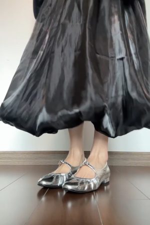 Silver Sheepskin Mary Jane Shoes for Women - Elegant Round Toe, French Pleated One-Strap Low-Heeled Ballet Flats