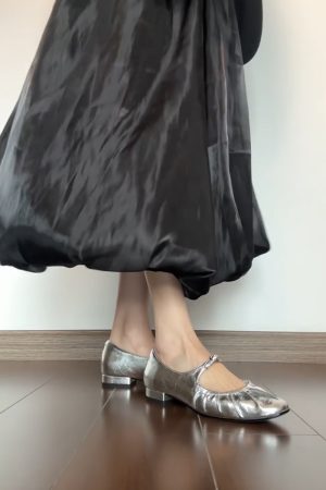 Silver Sheepskin Mary Jane Shoes for Women - Elegant Round Toe, French Pleated One-Strap Low-Heeled Ballet Flats