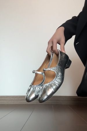 Silver Sheepskin Mary Jane Shoes for Women - Elegant Round Toe, French Pleated One-Strap Low-Heeled Ballet Flats