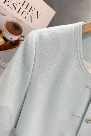 Sky Blue Korean-Style Short Sleeve Blazer for Women - Summer Lightweight Fashion Top, 2025 Trendy Socialite Wear