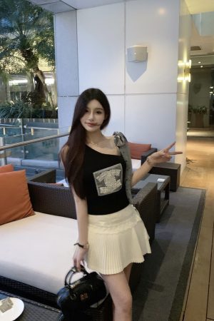 Slanted Shoulder Bow Tie Tank Top with Ice Silk Knitted Sweater - Trendy Women's Outfit for 90s and Y2K Styles