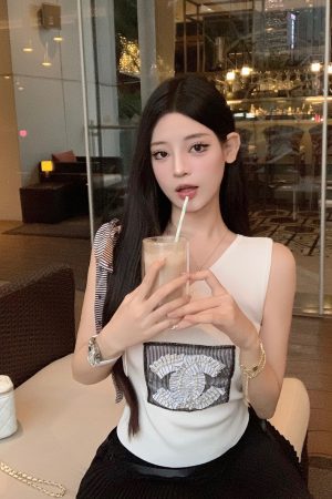 Slanted Shoulder Bow Tie Tank Top with Ice Silk Knitted Sweater - Trendy Women's Outfit for 90s and Y2K Styles