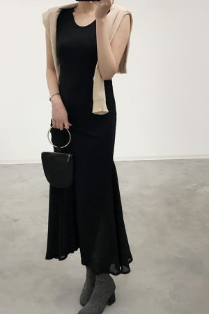 Sleeveless A-line Mermaid Dress with Chiffon Splicing, Slim Fit Summer Dress for Women, Flattering Modal Base Layer