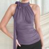 Sleeveless Solid Color Asymmetrical Blouse with Butterfly Knot and Long Ribbons - Elegant Off-Shoulder Pleated Top for Women