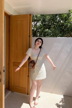 Slightly Chubby Heartbeat Polka Dot Lace Waist-Defined Short Sleeve Plus Size Dress with Short Skirt - Y2K Style