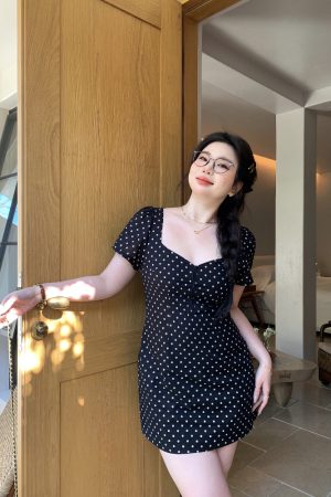 Slightly Chubby Heartbeat Polka Dot Lace Waist-Defined Short Sleeve Plus Size Dress with Short Skirt - Y2K Style