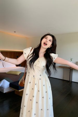 Slightly Chubby Off-Shoulder Plus Size Dress with Moonlight Dream Catcher & French Bow Embroidery, Waist-Defined, Y2K Style