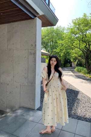 Slightly Chubby Off-Shoulder Plus Size Dress with Moonlight Dream Catcher & French Bow Embroidery, Waist-Defined, Y2K Style