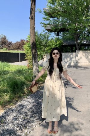 Slightly Chubby Off-Shoulder Plus Size Dress with Moonlight Dream Catcher & French Bow Embroidery, Waist-Defined, Y2K Style