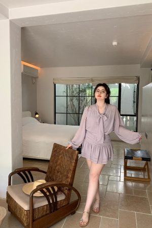 Slightly Chubby Purple Mist Aesthetics Shirt Set with Suspender Half Skirt and Bow Tie Ribbons – Y2K Aesthetic Fashion