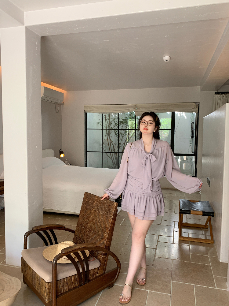 Slightly Chubby Purple Mist Aesthetics Shirt Set with Suspender Half Skirt and Bow Tie Ribbons – Y2K Aesthetic Fashion Slightly Chubby Purple Mist Aesthetics Shirt Set with Suspender Half Skirt and Bow Tie Ribbons – Y2K Aesthetic Fashion