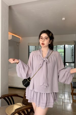 Slightly Chubby Purple Mist Aesthetics Shirt Set with Suspender Half Skirt and Bow Tie Ribbons â€“ Y2K Aesthetic Fashion