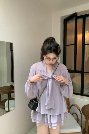 Slightly Chubby Purple Mist Aesthetics Shirt Set with Suspender Half Skirt and Bow Tie Ribbons – Y2K Aesthetic Fashion