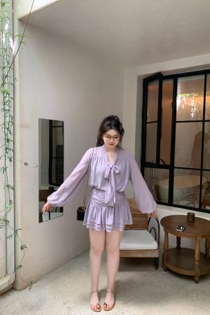 Slightly Chubby Purple Mist Aesthetics Shirt Set with Suspender Half Skirt and Bow Tie Ribbons – Y2K Aesthetic Fashion