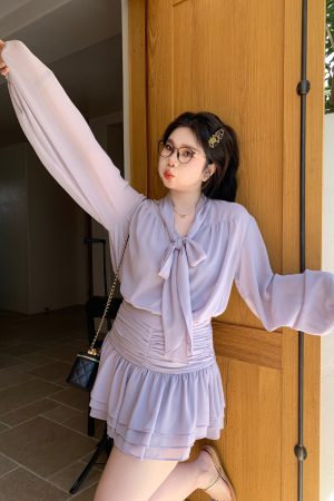 Slightly Chubby Purple Mist Aesthetics Shirt Set with Suspender Half Skirt and Bow Tie Ribbons – Y2K Aesthetic Fashion