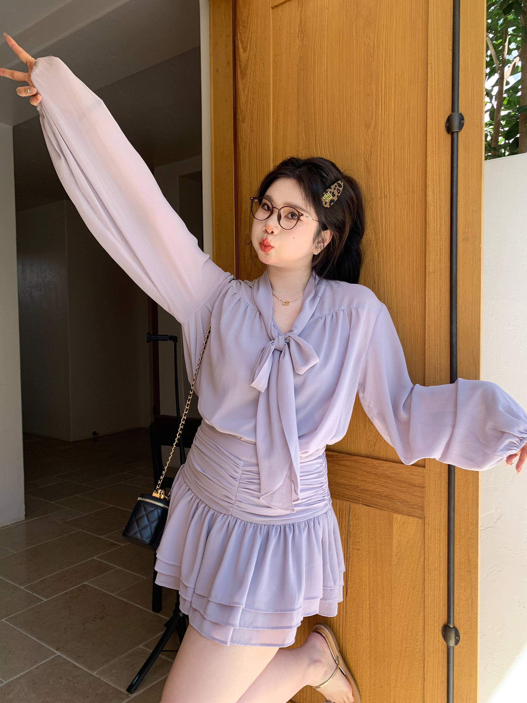 Slightly Chubby Purple Mist Aesthetics Shirt Set with Suspender Half Skirt and Bow Tie Ribbons – Y2K Aesthetic Fashion Slightly Chubby Purple Mist Aesthetics Shirt Set with Suspender Half Skirt and Bow Tie Ribbons – Y2K Aesthetic Fashion