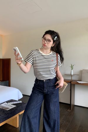 Slightly Chubby Striped Casual T-Shirt - Summer Basic Short Sleeve Slimming Plus-Size Tee for Versatile Y2K Style