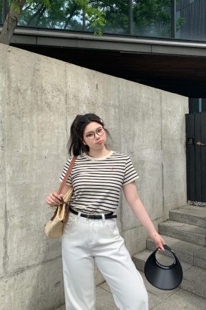 Slightly Chubby Striped Casual T-Shirt - Summer Basic Short Sleeve Slimming Plus-Size Tee for Versatile Y2K Style