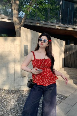 Slightly Chubby Summer Love Floral Camisole - Korean Style Plus Size Red Floral Sun Protection Cardigan