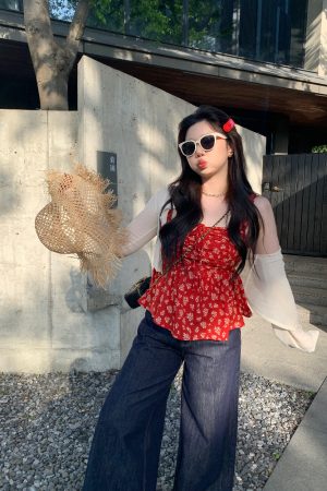 Slightly Chubby Summer Love Floral Camisole - Korean Style Plus Size Red Floral Sun Protection Cardigan