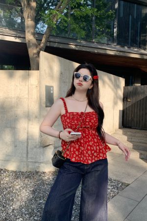 Slightly Chubby Summer Love Floral Camisole - Korean Style Plus Size Red Floral Sun Protection Cardigan