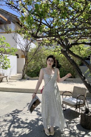 Slightly Chubby Summer Sweetness Backless Spaghetti Strap Dress in French Polka Dot - Plus Size Long Beach Vacation Dress