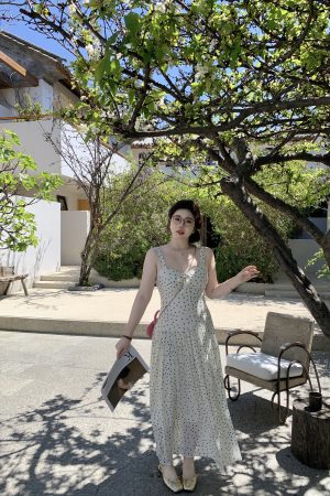 Slightly Chubby Summer Sweetness Backless Spaghetti Strap Dress in French Polka Dot - Plus Size Long Beach Vacation Dress