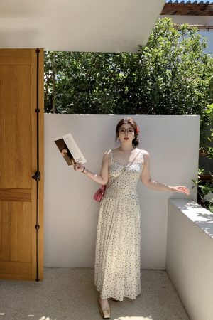 Slightly Chubby Summer Sweetness Backless Spaghetti Strap Dress in French Polka Dot - Plus Size Long Beach Vacation Dress